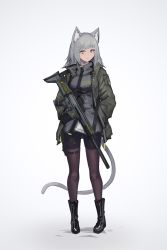 Rule 34 | 1girl, absurdres, animal ears, assault rifle, black footwear, blush, boots, cat ears, cat girl, cat tail, commentary request, deel (rkeg), fn scar, full body, gradient background, green jacket, grey background, grey eyes, grey hair, gun, hand in pocket, highres, holding, holding gun, holding weapon, holster, jacket, light blush, long hair, long sleeves, looking at viewer, original, pantyhose, purple pantyhose, rifle, shirt, solo, standing, tail, weapon, white shirt