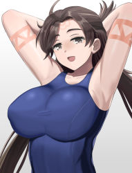 Rule 34 | 1girl, absurdres, blue one-piece swimsuit, breasts, brown eyes, brown hair, facial mark, fate/grand order, fate (series), forehead, forehead mark, highres, higofushi, himiko (fate), large breasts, long hair, looking at viewer, one-piece swimsuit, swimsuit, topknot, twintails