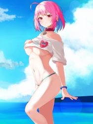 Rule 34 | 1girl, absurdres, ahoge, blue hair, blush, breasts, clothes lift, cloud, cloudy sky, collar, collarbone, commentary request, earrings, hair intakes, heart on chest, highres, idolmaster, idolmaster cinderella girls, jewelry, kano (wi3028), large breasts, looking at viewer, multicolored hair, navel, ocean, open mouth, pill earrings, pink eyes, pink hair, shirt, shirt lift, short hair, short sleeves, sky, smile, solo, t-shirt, two-tone hair, underboob, yumemi riamu