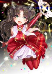 Rule 34 | 1girl, brown hair, detached sleeves, earrings, fate/kaleid liner prisma illya, fate (series), green eyes, hair ribbon, happy, jewelry, kaleido ruby, long hair, magical girl, magical ruby, mingou91, open mouth, red thighhighs, ribbon, solo, thighhighs, tohsaka rin, toosaka rin, twintails, wand