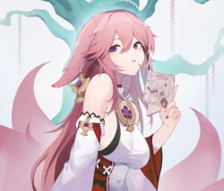 Rule 34 | 1girl, absurdres, animal ears, bare shoulders, book, breasts, commentary, detached sleeves, fox ears, genshin impact, highres, holding, holding book, long hair, long sleeves, looking at viewer, medium breasts, nontraditional miko, paimon (genshin impact), parted lips, pink hair, purple eyes, shirt, solo, sonnanamae no hitoshiranai, symbol-only commentary, upper body, very long hair, white shirt, yae miko