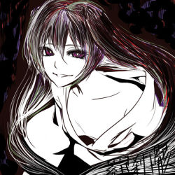 Rule 34 | 1girl, abstract background, alternate costume, black hair, breasts, colored skin, copyright name, creepy, downblouse, hatsune miku, horror (theme), japanese clothes, kimono, leaning forward, long hair, looking at viewer, musunde hiraite rasetsu to mukuro (vocaloid), off shoulder, poaro, purple eyes, small breasts, smile, snake mouth, solo, twintails, upper body, very long hair, vocaloid, white skin