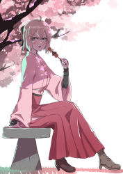 Rule 34 | 1girl, absurdres, ahoge, arm support, bench, black bow, blush, boots, bow, brown footwear, cherry blossoms, content rating, cross-laced footwear, fate/grand order, fate (series), food request, hair bow, hakama, hakama short skirt, hakama skirt, high heel boots, high heels, highres, hip vent, japanese clothes, kimono, lace-up boots, looking at viewer, lucyan, okita souji (fate), okita souji (koha-ace), pink hair, pink kimono, skirt, solo, white background, wide sleeves