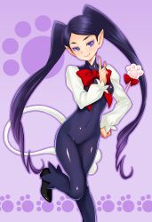 Rule 34 | 1girl, black bodysuit, black hair, blue eyes, bodysuit, bow, bowtie, breasts, colored eyelashes, covered navel, eyeshadow, go! princess precure, hand on own hip, head tilt, holding, index finger raised, kazuma muramasa, leg lift, light smile, lipstick, long hair, looking at viewer, makeup, miss siamour, miss siamour (human), outline, paw print, pointy ears, precure, purple background, purple hair, red bow, ribbon, shiny clothes, shoes, small breasts, smile, solo, standing, standing on one leg, swept bangs, tail, turtleneck, twintails, very long hair, wand