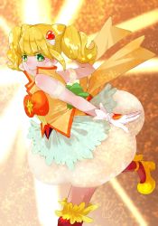 Rule 34 | &gt;:), 1girl, arm cuffs, back bow, blonde hair, bow, bowtie, commentary request, cone hair bun, cure sparkle, double bun, dress, from side, gloves, green eyes, hair bun, hair ornament, healin&#039; good precure, heart, heart hair ornament, heart print, high heels, highres, hiramitsu hinata, looking at viewer, looking to the side, magical girl, precure, signature, sleeveless, sleeveless dress, smile, solo, thighhighs, twintails, v-shaped eyebrows, white gloves, yuuki aoi (aoi town)