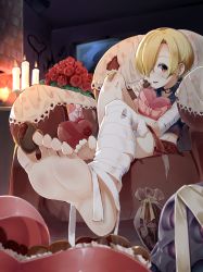 Rule 34 | 10s, 1girl, bandaged arm, bandaged leg, bandages, bandaid, bandaid on knee, bandaid on leg, barefoot, between toes, blonde hair, blush, box, candle, candy, casino (casinoep), chocolate, chocolate heart, earrings, feet, flower, food, foot focus, holding with feet, foreshortening, gift, gift box, hair over one eye, heart, heart-shaped box, highres, idolmaster, idolmaster cinderella girls, indoors, jewelry, looking at viewer, red flower, red rose, red skirt, rose, shirasaka koume, short hair, sitting, skirt, soles, solo, toes, valentine