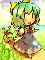 Rule 34 | 1girl, chibi, cirno, dress, female focus, frog, full body, leash, luft, nature, outdoors, plant, sky, solo, touhou