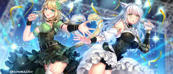 Rule 34 | 2girls, animal ears, armor, aruma jiki, asymmetrical clothes, warrior of light (ff14), belt, blonde hair, blurry, blurry background, blush, breasts, breasts apart, cat ears, cat tail, commission, detached sleeves, earrings, facial mark, final fantasy, final fantasy xiv, flower, frilled skirt, frills, garter straps, green eyes, hair flower, hair ornament, heart tail duo, holding, holding microphone, idol, jewelry, large breasts, long hair, looking at viewer, microphone, miqo&#039;te, multiple girls, open mouth, shoulder armor, skirt, slit pupils, stage, streamers, tail, thighhighs, twitter username, whisker markings, white hair, white legwear, wrist cuffs, yellow eyes