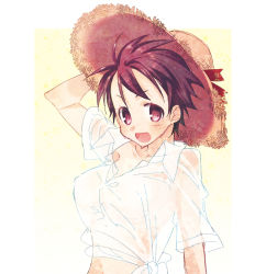 Rule 34 | 1girl, :d, bad id, bad pixiv id, blouse, breasts, brown eyes, brown hair, ctr sn, genderswap, genderswap (mtf), hand on headwear, hat, looking at viewer, luffyko, medium breasts, midriff, monkey d. luffy, nipples, one piece, open mouth, perky breasts, scar, see-through, shirt, short hair, smile, solo, straw hat