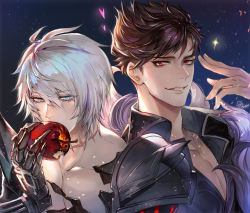 Rule 34 | 2boys, apple, armor, belial (granblue fantasy), black shirt, blue eyes, brown hair, character name, collar, eating, feather boa, food, fruit, gradient hair, granblue fantasy, light particles, looking at viewer, male focus, multicolored hair, multiple boys, pauldrons, pectorals, quetzalliao, red eyes, shirt, short hair, shoulder armor, smile, star (symbol), starry background, upper body, white hair