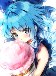 Rule 34 | 1girl, :t, bare shoulders, blue bow, blue dress, blue eyes, blue hair, blush, bow, cirno, commentary, dress, food, hair bow, hair intakes, holding, holding food, ice, ice cream, ice cream cone, ice wings, light particles, looking at viewer, oversized food, oversized object, piyokichi, short hair, sidelocks, simple background, sleeveless, sleeveless dress, solo, sparkle, touhou, upper body, white background, wings