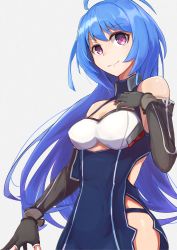 Rule 34 | ahoge, azur lane, bare shoulders, blue hair, breasts, closed mouth, cowboy shot, detached sleeves, gloves, hand on own chest, helena (azur lane), highres, long hair, looking at viewer, marshall k, medium breasts, purple eyes, side slit, smile, solo
