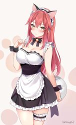 Rule 34 | 1girl, absurdres, alternate costume, animal ears, apron, bare shoulders, bell, black choker, black dress, bow, bowtie, breasts, cat ears, choker, cleavage, cowboy shot, dress, enmaided, fake animal ears, frilled dress, frills, hand up, highres, holding, jingle bell, kaetzchen, large breasts, bridal garter, liliya (kaetzchen), looking at viewer, maid, maid apron, maid headdress, original, parted lips, red hair, sleeveless, sleeveless dress, solo, standing, thighs, tray, waist apron, wrist cuffs, yellow eyes