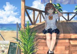 Rule 34 | 1girl, arm behind head, arm up, beach, black footwear, blue skirt, blue sky, blush, bow, brown bow, brown hair, closed mouth, cloud, cloudy sky, collared shirt, commentary request, day, dress shirt, feet out of frame, green eyes, hair between eyes, highres, horizon, loafers, menu board, miko fly, ocean, original, outdoors, plaid, plaid skirt, pleated skirt, railing, sand, shirt, shoes, short sleeves, signature, skirt, sky, smile, socks, solo, water, white shirt, white socks