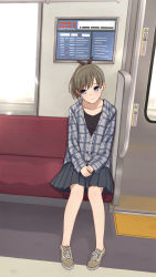 Rule 34 | 1girl, blue eyes, brown hair, highres, original, plaid, pleated skirt, ponytail, sitting, skirt, solo, train interior, yahiro (epicopeiidae)