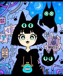 Rule 34 | 1girl, :3, animal ears, black cat, black hair, black hoodie, blunt bangs, blunt ends, blush stickers, bob cut, bright pupils, broken wall, cat, cat ears, cat girl, coin purse, commentary, creature, crescent, dot nose, english text, extra eyes, garouma, green eyes, highres, hood, hood down, hoodie, industrial pipe, letterboxed, looking at viewer, open mouth, original, paw print, poster (object), push-button, short hair, sky, solo, star (sky), starry sky, straight-on, straight hair, symbol-only commentary, upper body, wanted, white pupils