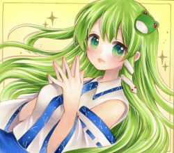 Rule 34 | 1girl, blush, commentary request, detached sleeves, frog hair ornament, green eyes, green hair, hair ornament, kochiya sanae, long hair, looking at viewer, marker (medium), open mouth, shirt, smile, snake hair ornament, solo, sparkle, steepled fingers, touhou, traditional media, yellow background, yuuki hana (jtnp5334)