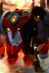 Rule 34 | 00s, 1boy, ankle boots, backlighting, bandaged leg, bandages, black hair, blue-framed eyewear, blue jacket, boots, brown footwear, brown shorts, closed mouth, drill, expressionless, glowing, glowing eyes, goggles, hands in pockets, jacket, jewelry, kito (coyo), lagann, leg up, light rays, male focus, mecha, necklace, open clothes, open jacket, robot, shorts, simon (ttgl), solo, standing, standing on one leg, sunbeam, sunlight, tengen toppa gurren lagann, yellow eyes