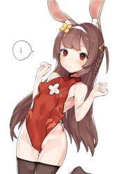 Rule 34 | !, 1girl, animal ears, azur lane, bad id, bad twitter id, black thighhighs, blush, braid, breasts, brown hair, cleavage cutout, clothing cutout, cowboy shot, gluteal fold, hairband, highres, kemonomimi mode, leotard, little mare, long hair, looking at viewer, one side up, ping hai (azur lane), ping hai (osmanthus moon rabbit) (azur lane), rabbit ears, red eyes, side braid, simple background, small breasts, solo, speech bubble, thighhighs, white background