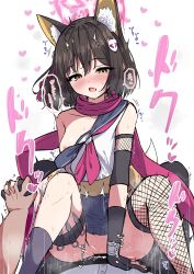 Rule 34 | 1boy, 1girl, absurdres, animal ears, black gloves, black hair, black sailor collar, black skirt, blue archive, blush, breasts, collarbone, fox ears, fox tail, gloves, halo, heart, hetero, highres, izuna (blue archive), madotsukumo, neckerchief, nipples, open mouth, partially fingerless gloves, pink halo, pink neckerchief, pink scarf, pleated skirt, red eyes, sailor collar, scarf, sex, short hair, skirt, small breasts, tail, vaginal, yellow eyes