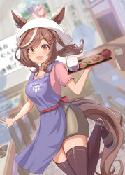 Rule 34 | 1girl, absurdres, alternate costume, alternate hairstyle, animal ears, blurry, blurry background, blush, breasts, commentary request, filkia, food, hair ornament, hairclip, highres, horse ears, horse girl, horse tail, leg up, looking at viewer, matikane tannhauser (umamusume), medium breasts, restaurant, rice, solo, table, tail, thighhighs, tray, umamusume, yellow eyes