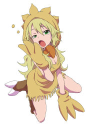 Rule 34 | 1girl, blonde hair, breasts, chocobo, cleavage, final fantasy, full body, gloves, green eyes, highres, hoshii miki, idolmaster, idolmaster (classic), long hair, looking at viewer, open mouth, simple background, solo, tears, white background, yamamoto souichirou, yawning