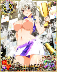 Rule 34 | 1girl, blue bow, blush, bow, braid, breasts, card (medium), chess piece, female focus, grayfia lucifuge, grey hair, hair bow, high school dxd, highres, holding, large breasts, long hair, maid headdress, mature female, navel, nipples, panties, purple panties, queen (chess), race queen, red eyes, skirt, solo, third-party edit, topless, trophy, twin braids, underwear