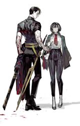 Rule 34 | 1boy, 1girl, ascot, belt, black eyes, black hair, black pants, blood, blood on clothes, blue coat, coat, coat on shoulders, full body, glasses, hair slicked back, highres, holding, holding sword, holding weapon, long sleeves, looking at another, moses (project moon), multicolored hair, pants, project moon, red ascot, remsrar, scar, shirt, short sleeves, simple background, streaked hair, sword, the distortion detective, vespa crabro, weapon, white background, white eyes, white shirt, yellow belt