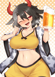 Rule 34 | 1girl, alcohol, beer, beer mug, black hair, blush, bra, breasts, cow girl, cow horns, cup, drunk, harusame (unmei no ikasumi), horns, large breasts, looking at viewer, mug, multicolored hair, navel, nose blush, one eye closed, open mouth, shorts, split-color hair, touhou, two-tone hair, underwear, ushizaki urumi, white hair, yellow bra, yellow shorts