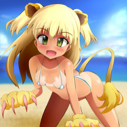 Rule 34 | animal hands, beach, bikini, blonde hair, breasts, day, fang, harubato, highres, idolmaster, jougasaki rika, lion tail, long hair, small breasts, solo, swimsuit, tail, twintails, yellow eyes