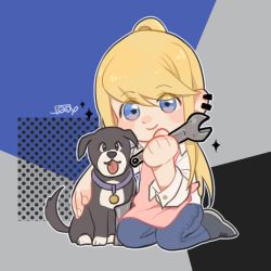Rule 34 | 1girl, :p, animal, animal collar, apron, black background, black eyes, black footwear, blonde hair, blue background, blue eyes, blush, blush stickers, chibi, collar, den (fma), denim, dog, dress shirt, ear piercing, earrings, fingernails, fqdyy, full body, fullmetal alchemist, grey background, hair over eyes, happy, holding, holding wrench, hug, jeans, jewelry, kneeling, long hair, looking at viewer, multicolored background, pants, piercing, pink apron, polka dot, polka dot background, ponytail, shirt, signature, smile, solo, sparkle, tongue, tongue out, white shirt, winry rockbell, wrench