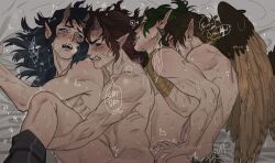 Rule 34 | 4boys, abs, aizetsu (kimetsu no yaiba), angry, avian arms, avian wings, bed, bed sqeaking, black sclera, blush, breath, brown hair, clenched teeth, colored sclera, completely nude, crying, crying with eyes open, dark green hair, demon, demon boy, demon horns, drooling, english text, fangs, from behind, green hair, hantengu (kimetsu no yaiba), highres, horns, implied anal, implied sex, karaku (kimetsu no yaiba), kimetsu no yaiba, leg grab, long hair, long hair male, looking at another, looking back, lying, male focus, monster, monster boy, multicolored hair, multiple boys, multiple persona, muscular, muscular male, nude, on side, open mouth, p parituhh, pointy ears, profile, sekido (kimetsu no yaiba), selfcest, sex, sex from behind, spoon position, spooning, sweat, tears, teeth, tengu, tongue, tongue out, traditional youkai, two-tone hair, unseen penetration, urogi (kimetsu no yaiba), veins, veiny arms, wings, yaoi