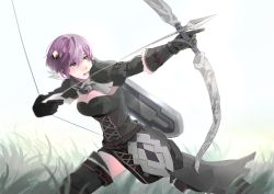 Rule 34 | 1girl, aiming, alternate costume, archery, armor, arrow (projectile), belt, bernadetta von varley, boots, bow (weapon), breasts, brown eyes, cleavage cutout, clothing cutout, commentary request, famo, faulds, fire emblem, fire emblem: three houses, fur-trimmed gloves, fur trim, gloves, gorget, grass, hair between eyes, hair ornament, highres, medium breasts, nintendo, open mouth, pauldrons, purple hair, quiver, short hair, shoulder armor, solo, thigh boots, thighhighs, weapon, zettai ryouiki