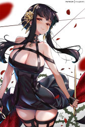 Rule 34 | 1girl, black dress, black hair, black thighhighs, blush, breasts, cleavage, closed mouth, covered navel, cowboy shot, dagger, dress, gold hairband, hairband, holding, holding dagger, holding knife, holding weapon, hong (white spider), knife, large breasts, petals, red eyes, solo, spy x family, thighhighs, thighs, two-sided dress, two-sided fabric, weapon, yor briar