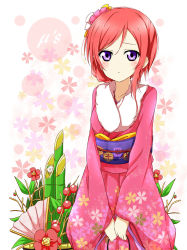 10s, 1girl, blush, bow, collarbone, cowboy shot, female focus, flower, gradient, gradient background, hair bow, hair ornament, japanese clothes, karamoneeze, kimono, long hair, looking at viewer, love live!, love live! school idol festival, love live! school idol project, nishikino maki, obi, parted lips, pink kimono, purple eyes, red flower, red hair, sash, short hair, simple background, solo, standing, traditional clothes, white background