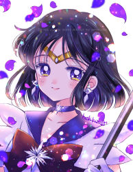 Rule 34 | 1girl, bishoujo senshi sailor moon, black hair, blush, bow, brooch, brown bow, choker, circlet, closed mouth, collarbone, earrings, holding, holding staff, hoshikuzu (milkyway792), jewelry, light particles, looking at viewer, magical girl, petals, purple eyes, purple neckwear, purple sailor collar, rose petals, sailor collar, sailor saturn, sailor senshi uniform, short hair, simple background, smile, solo, staff, star (symbol), star brooch, star choker, tomoe hotaru, upper body, watermark, white background