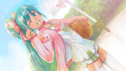 Rule 34 | 1girl, ball, basketball, basketball (object), basketball uniform, blue hair, bow, collarbone, day, dutch angle, green eyes, grin, hair between eyes, hair bow, hatsune miku, high ponytail, highres, holding, holding ball, jacket, long hair, long sleeves, marker (medium), mayo riyo, one eye closed, open clothes, open jacket, outdoors, pink bow, pink jacket, print shirt, shirt, short shorts, shorts, smile, solo, sportswear, standing, thighhighs, traditional media, very long hair, vocaloid, white shirt, white shorts, white thighhighs, zettai ryouiki