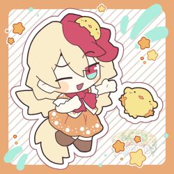 Rule 34 | 1girl, :d, acid burritos, animal, animal on head, bird, bird on head, bird tail, bird wings, blonde hair, brown footwear, chibi, chick, chicken, commentary request, dress, feathered wings, full body, highres, multicolored hair, neckerchief, niwatari kutaka, on head, one eye closed, open mouth, orange dress, orange sailor collar, puffy short sleeves, puffy sleeves, red eyes, red hair, red neckerchief, sailor collar, shirt, short hair, short sleeves, smile, solo, tail, touhou, two-tone hair, white shirt, wings, yellow wings