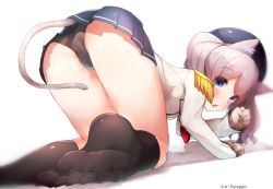 Rule 34 | 10s, 1girl, all fours, animal ears, artist name, ass, bad id, bad twitter id, beret, black panties, black socks, blue eyes, blue skirt, blurry, boruhis, breasts, cameltoe, cat, cat tail, depth of field, epaulettes, eyebrows, feet, foreshortening, frilled sleeves, frills, hat, kantai collection, kashima (kancolle), kemonomimi mode, long sleeves, looking at viewer, looking back, medium breasts, miniskirt, neckerchief, necktie, no shoes, open mouth, panties, pantyshot, pleated skirt, shadow, shirt, silver hair, simple background, skirt, socks, solo, tail, thighs, toes, twintails, twitter username, underwear, white shirt