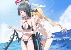 Rule 34 | 3girls, ;d, ahoge, bent over, bikini, black bikini, black hair, black wings, blue archive, blurry, breasts, brown hair, cleavage, collarbone, commentary request, depth of field, eyewear on head, frilled bikini, frills, hair between eyes, hair bobbles, hair ornament, halo, hifumi (blue archive), hifumi (swimsuit) (blue archive), highres, horizon, hoshino (blue archive), hoshino (swimsuit) (blue archive), hug, hug from behind, in water, leavv, long hair, looking at another, low twintails, lying, medium breasts, multiple girls, navel, ocean, official alternate costume, on stomach, one eye closed, open mouth, pink hair, ponytail, red eyes, riding, side-tie bikini bottom, sidelocks, sleeveless, small breasts, smile, spaghetti strap, stomach, stuffed whale, sunglasses, sunlight, surprised, sweatdrop, swimsuit, tsurugi (blue archive), tsurugi (swimsuit) (blue archive), twintails, waves, wet, wet clothes, wet swimsuit, white bikini, wing hair ornament, wings, yellow eyes