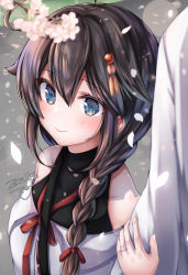 Rule 34 | 1boy, 1girl, admiral (kancolle), ahoge, bare shoulders, black bodysuit, blouse, blue eyes, blush, bodysuit, braid, branch, breasts, brown hair, cherry blossoms, closed mouth, collarbone, commentary request, hair flaps, hair ornament, hair over breasts, hair over one breast, hair over shoulder, hairclip, highres, holding another&#039;s arm, jewelry, kantai collection, looking at viewer, makina00, medium breasts, official alternate costume, out of frame, over shoulder, path, petals, red ribbon, ribbon, ring, road, shigure (kancolle), shigure kai ni (kancolle), shirt, side-by-side, sidewalk, signature, simple background, sleeveless, sleeveless bodysuit, smile, strap, strapless, strapless shirt, upper body, walkway, wedding band, white shirt