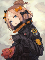 Rule 34 | 1girl, abigail williams (fate), abigail williams (traveling outfit) (fate), alternate hairstyle, bad id, bad pixiv id, bandaid, bandaid on face, bandaid on forehead, belt, black bow, black jacket, blonde hair, blue eyes, bow, fate/grand order, fate (series), forehead, hair bow, hair bun, high collar, highres, holding, holding stuffed toy, jacket, kusano shinta, long hair, looking at viewer, official alternate costume, open mouth, orange bow, parted bangs, polka dot, polka dot bow, single hair bun, sleeves past fingers, sleeves past wrists, solo, stuffed animal, stuffed toy, teddy bear