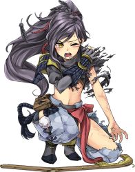 Rule 34 | 1girl, antique firearm, ayasugi tsubaki, d;, fingerless gloves, firearm, full body, gloves, gun, holding, holding gun, holding shoulder, holding weapon, kneeling, long hair, midriff, navel, official art, on one knee, one eye closed, open mouth, oshiro project:re, oshiro project:re, pants, ponytail, purple hair, saika (oshiro project), simple background, solo, torn clothes, torn pants, transparent background, weapon, yellow eyes