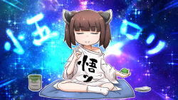 Rule 34 | 1girl, brown hair, closed eyes, closed mouth, clothes writing, cup, cushion, facing viewer, food, headgear, highres, holding, holding food, neon-tetora, no shoes, off shoulder, shirt, sitting, socks, solo, touhoku kiritan, translation request, twintails, voiceroid, white shirt, white socks, yunomi, zabuton