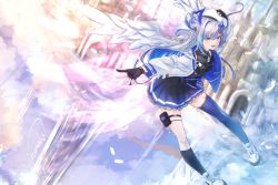 Rule 34 | 1girl, :d, absurdres, amane kanata, amane kanata (work), angel, angel wings, asymmetrical bangs, asymmetrical hair, asymmetrical legwear, belt, beret, black dress, black gloves, black socks, black thighhighs, blue belt, blue hair, blue thighhighs, colored inner hair, dress, feathered wings, flying, full body, gloves, hair ornament, hair over one eye, hairclip, halo, hand on headwear, hat, highres, hololive, jacket, jewelry, kneehighs, long hair, long sleeves, looking at viewer, mismatched legwear, multicolored hair, necklace, open mouth, partially fingerless gloves, pleated dress, pouch, puffy long sleeves, puffy sleeves, purple (jobseeking), purple eyes, shoes, short dress, silver hair, single hair intake, single kneehigh, single sock, single thighhigh, sleeveless, sleeveless dress, smile, sneakers, socks, solo, star halo, thigh pouch, thighhighs, two side up, uneven legwear, virtual youtuber, white footwear, white hat, white jacket, white wings, wings
