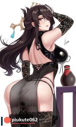 Rule 34 | 1girl, artist name, ass, bare shoulders, beidou (genshin impact), black dress, black gloves, black hair, black thighhighs, blush, breasts, commentary, dress, elbow gloves, eyepatch, from behind, genshin impact, gloves, hair ornament, highres, lips, lipstick, long hair, looking at viewer, makeup, medium breasts, mole, mole on armpit, parted lips, pelvic curtain, piukute062, red eyes, red lips, see-through, sidelocks, signature, simple background, sleeveless, solo, thighhighs, thighs, thong, underwear, white background