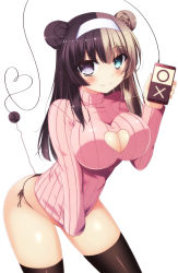 Rule 34 | 1girl, arched back, bad id, bad pixiv id, bikini, black bikini, black thighhighs, blue eyes, blush, breasts, brown hair, cellphone, cleavage, cleavage cutout, closed mouth, clothing cutout, cowboy shot, double bun, groin, hair bun, hairband, heart, heart cutout, heart of string, heterochromia, highres, holding, holding phone, large breasts, leaning forward, light brown hair, long hair, looking at viewer, multicolored hair, nanomate3, no pants, original, phone, pink sweater, purple eyes, ribbed sweater, side-tie bikini bottom, simple background, sleeves past wrists, smartphone, smile, solo, split-color hair, sweater, swimsuit, tail, thighhighs, turtleneck, turtleneck sweater, two-tone hair, white background