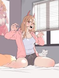 Rule 34 | 1girl, animal, blush, breasts, camisole, cat, chainsaw man, claw pose, collarbone, cross in eye, demon girl, demon horns, diaverik, fangs, hair between eyes, highres, hood, hood down, hooded jacket, horns, indoors, jacket, long bangs, long hair, medium breasts, on bed, open mouth, poster (object), power (chainsaw man), red horns, red shorts, sharp teeth, shorts, sidelocks, sitting, symbol-shaped pupils, teeth, wariza, white camisole, window, window blinds, yellow eyes, yellow jacket