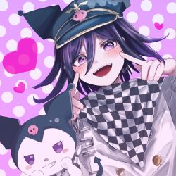 Rule 34 | 1boy, :d, black headwear, blush, buttons, checkered clothes, checkered scarf, danganronpa (series), danganronpa v3: killing harmony, double-breasted, grey jacket, grin, hair between eyes, hands up, heart, highres, jacket, long sleeves, looking at viewer, oma kokichi, onegai my melody, open mouth, pink eyes, polka dot, polka dot background, sanrio, scarf, smile, tail, teeth, translation request, upper teeth only, zui nianshao