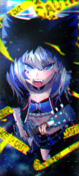 Rule 34 | 1girl, absurdres, angry, animal ear fluff, animal ears, binary, black choker, black jacket, black skirt, blue bra, blue eyes, blue hair, blue skirt, blush, bra, breasts, caution tape, choker, chromatic aberration, cleavage, cropped jacket, electric guitar, fake animal ears, fang, frilled bra, frilled skirt, frills, from above, fur-trimmed hood, fur trim, furious, glitch, guitar, hair between eyes, heart stickers, highres, hood, hooded jacket, instrument, jacket, keep out, layered skirt, looking at viewer, medium hair, midriff, multicolored clothes, multicolored hair, multicolored skirt, music, navel, o-ring, o-ring choker, open mouth, playing instrument, pleated skirt, rurine luna, silver hair, singing, skirt, small breasts, solo, spanish text, star sticker, sticker on face, stomach, streaked hair, sweat, teeth, translation request, trebas, underwear, v-shaped eyebrows, virtual youtuber, wactor production